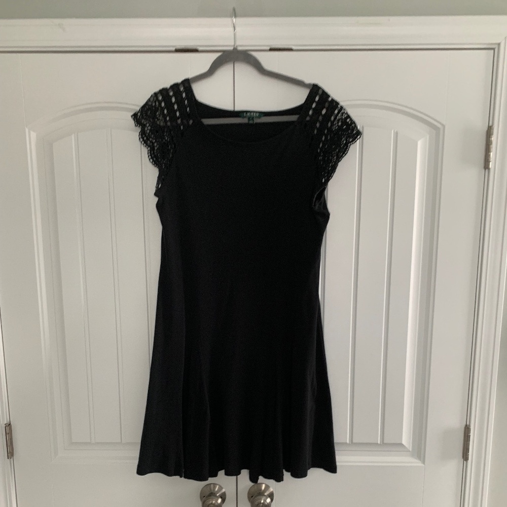 Lauren Ralph Lauren 100% Cotton XL Crochet  Sleeve and Fit and Flare Black Dress